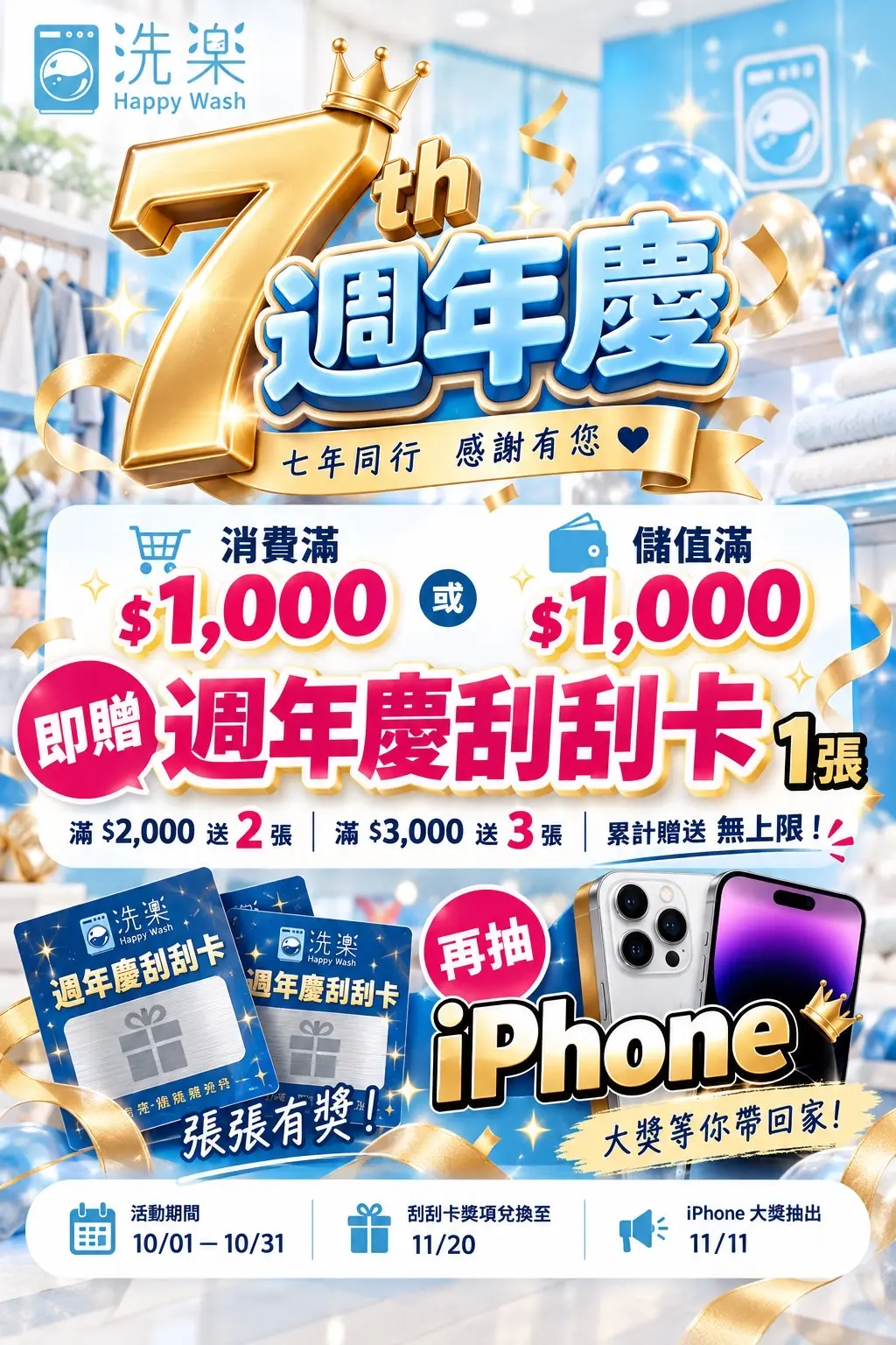 洗楽7週年慶 消費或儲值滿1000送刮刮卡再抽iPhone